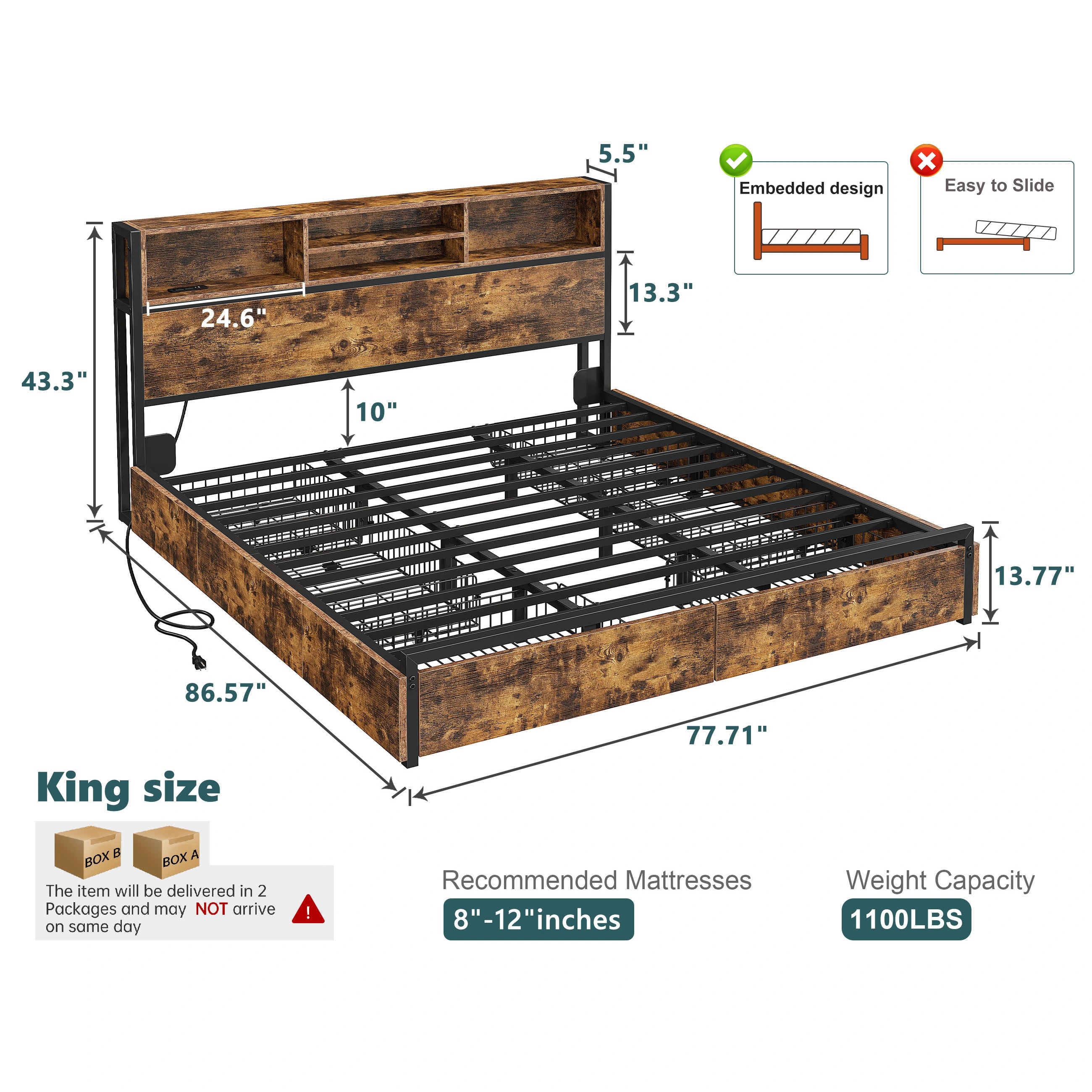 Snhomee Metal Bed Frame with 6 Storage Drawers & Charging Station - No Noise, No Box Spring Frames, 1100LBS Capacity, Storage Headboard, Vintage Brown