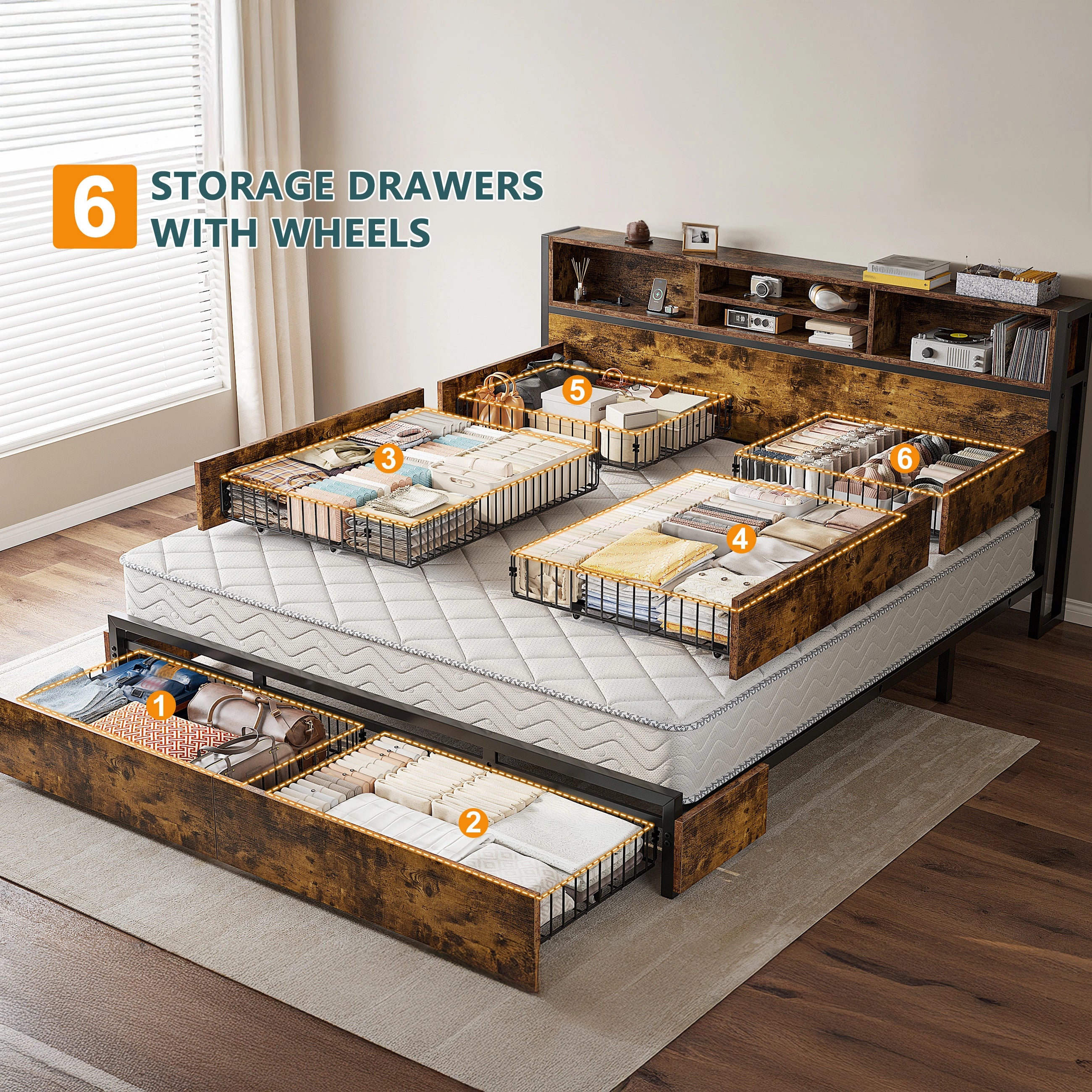 Snhomee Metal Bed Frame with 6 Storage Drawers & Charging Station - No Noise, No Box Spring Frames, 1100LBS Capacity, Storage Headboard, Vintage Brown