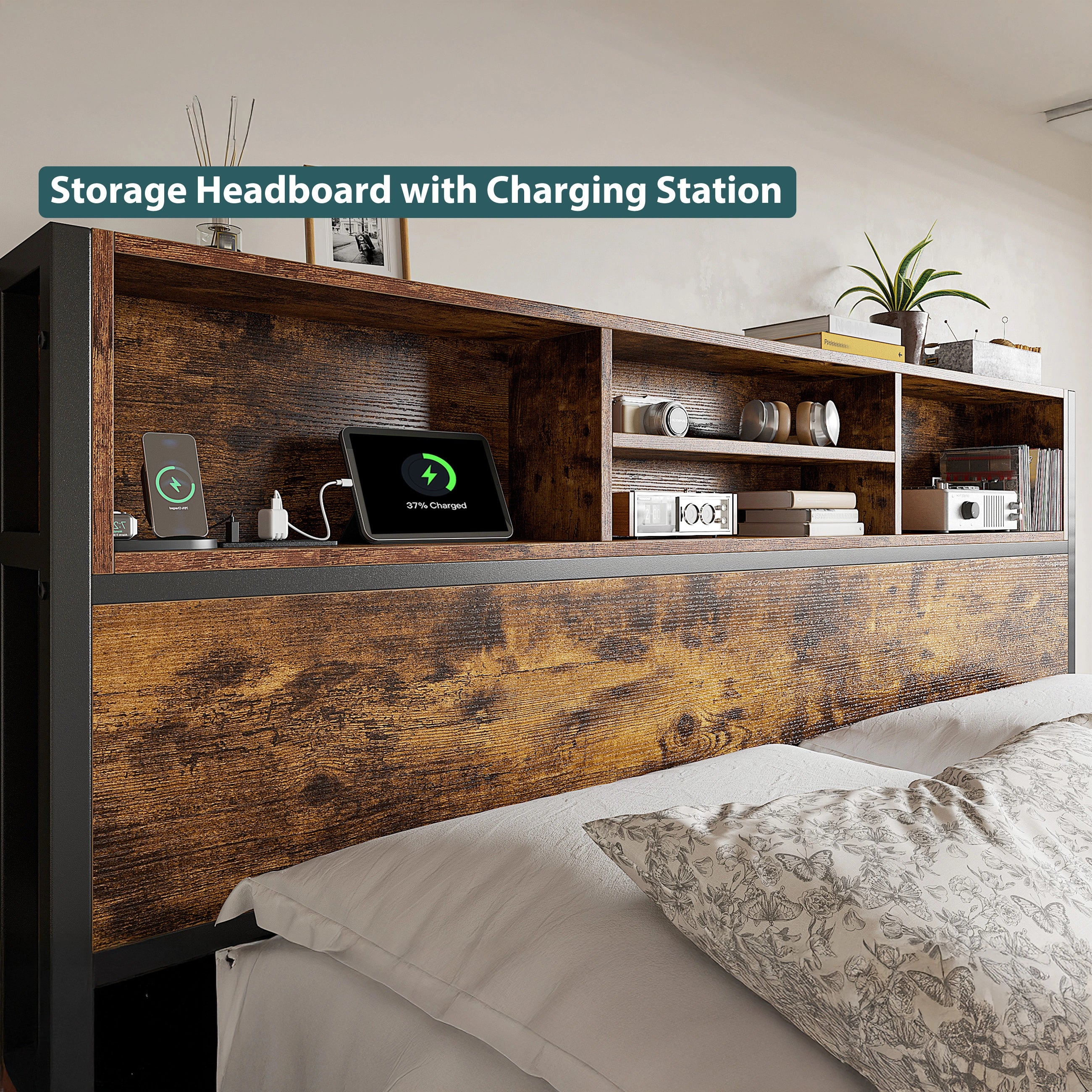 Snhomee Metal Bed Frame with 6 Storage Drawers & Charging Station - No Noise, No Box Spring Frames, 1100LBS Capacity, Storage Headboard, Vintage Brown