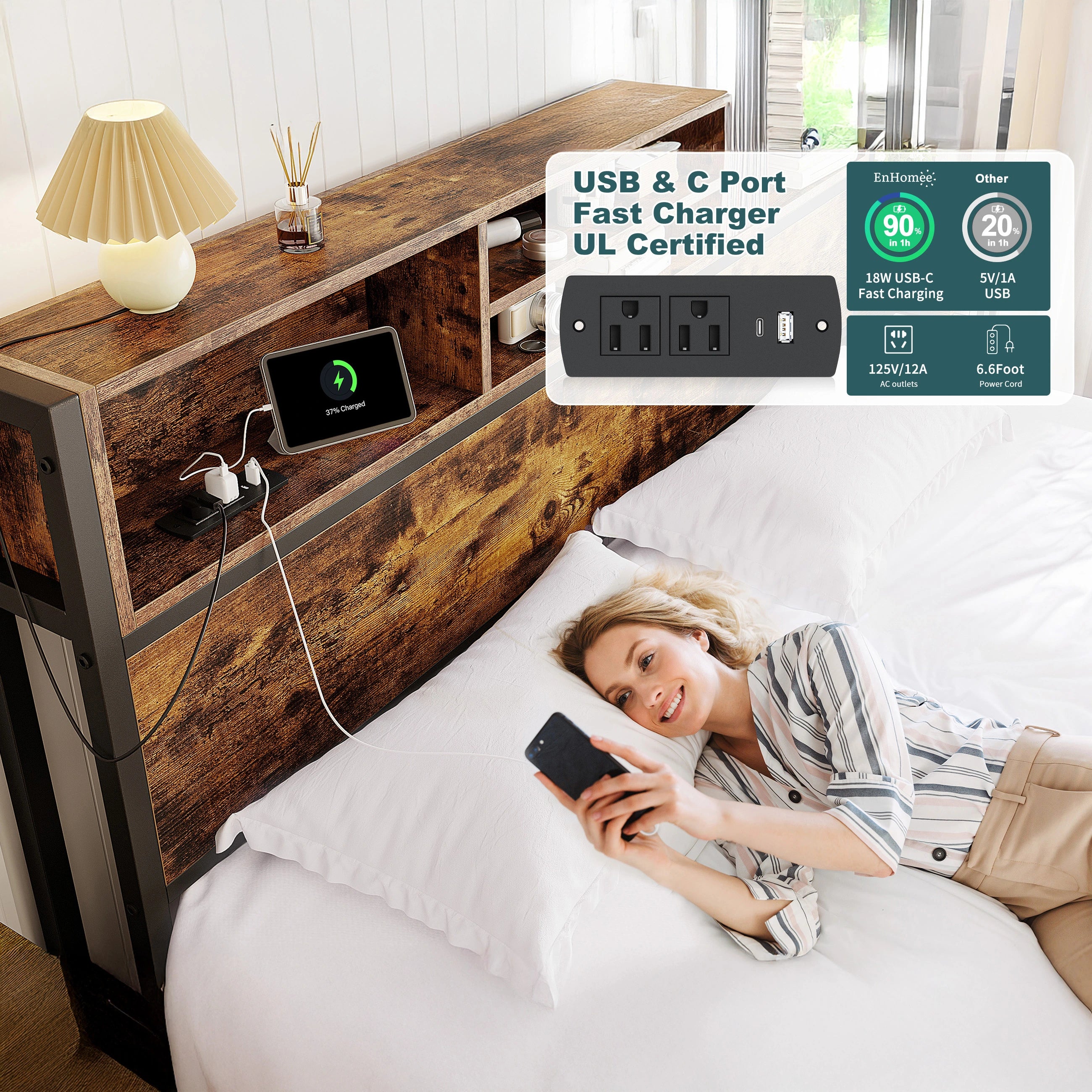 Snhomee Metal Bed Frame with 6 Storage Drawers & Charging Station - No Noise, No Box Spring Frames, 1100LBS Capacity, Storage Headboard, Vintage Brown