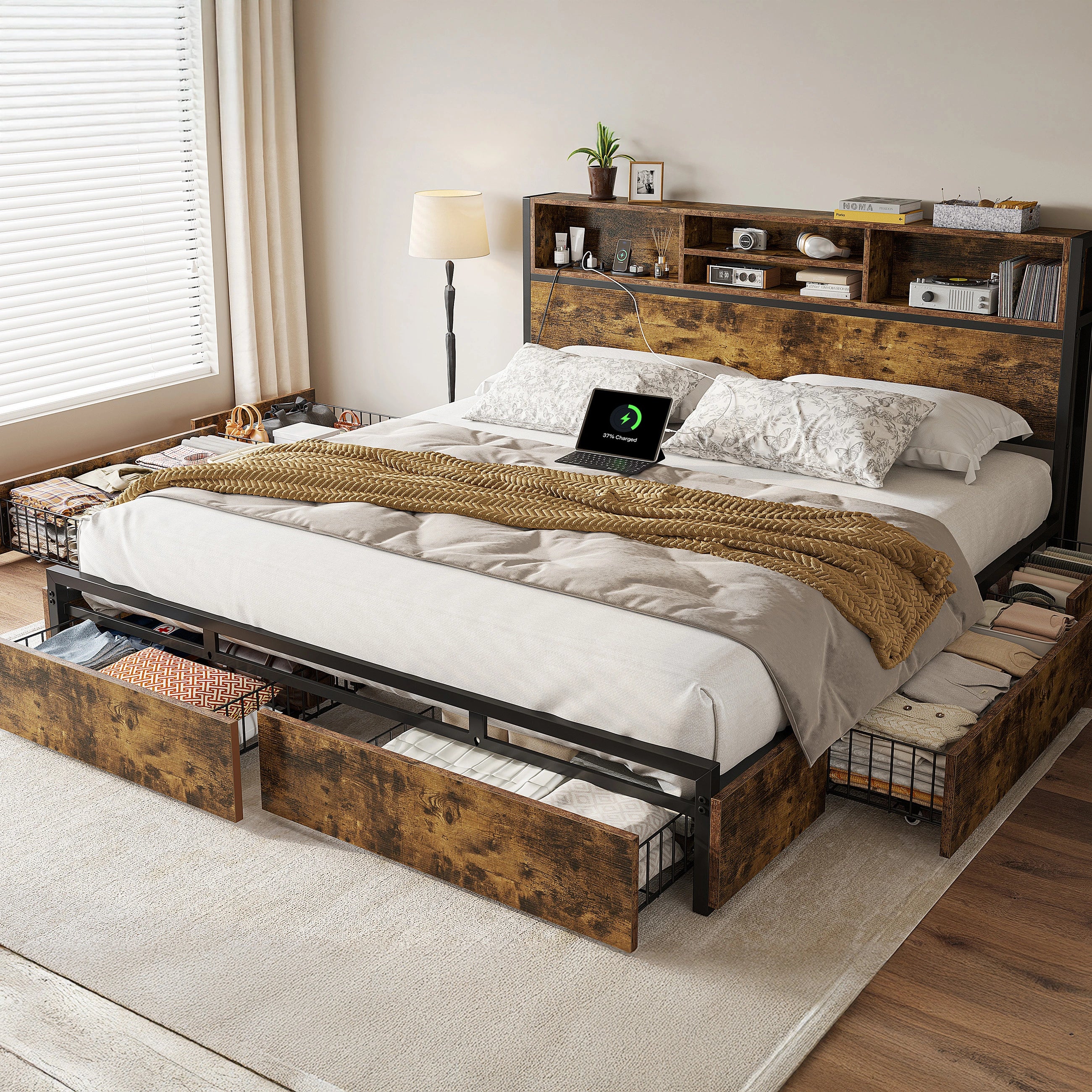 Snhomee Metal Bed Frame with 6 Storage Drawers & Charging Station - No Noise, No Box Spring Frames, 1100LBS Capacity, Storage Headboard, Vintage Brown