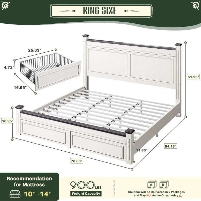 Snhomee Bed Frame with 51.25" H Headboard and Storage Drawers, Modern Bed Frame with Storage ,NO Noise, No Box Spring Needed, White