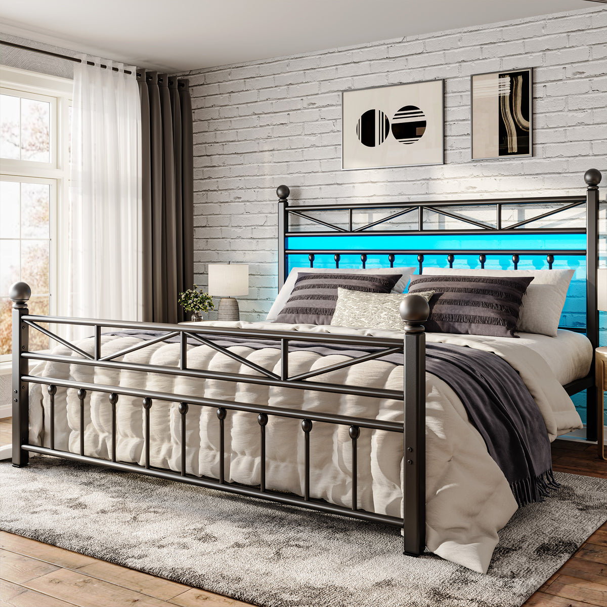 LED Metal Bed Frame with Tall Headboard & Footboard, Vintage Industrial Bed, Under Bed Storage & No Box Spring Needed, Noise-Free Design for Modern & Farmhouse Bedrooms