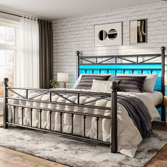LED Metal Bed Frame with Tall Headboard & Footboard, Vintage Industrial Bed, Under Bed Storage & No Box Spring Needed, Noise-Free Design for Modern & Farmhouse Bedrooms