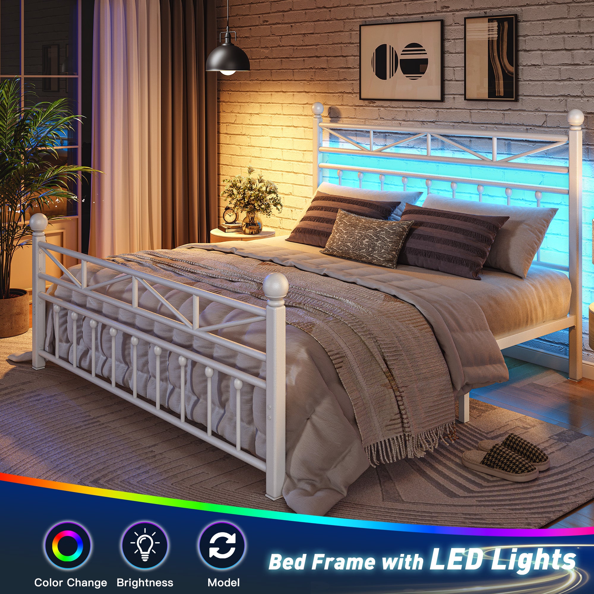 LED Metal Bed Frame with Tall Headboard & Footboard, Vintage Industrial Bed, Under Bed Storage & No Box Spring Needed, Noise-Free Design for Modern & Farmhouse Bedrooms