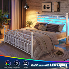LED Metal Bed Frame with Tall Headboard & Footboard, Vintage Industrial Bed, Under Bed Storage & No Box Spring Needed, Noise-Free Design for Modern & Farmhouse Bedrooms