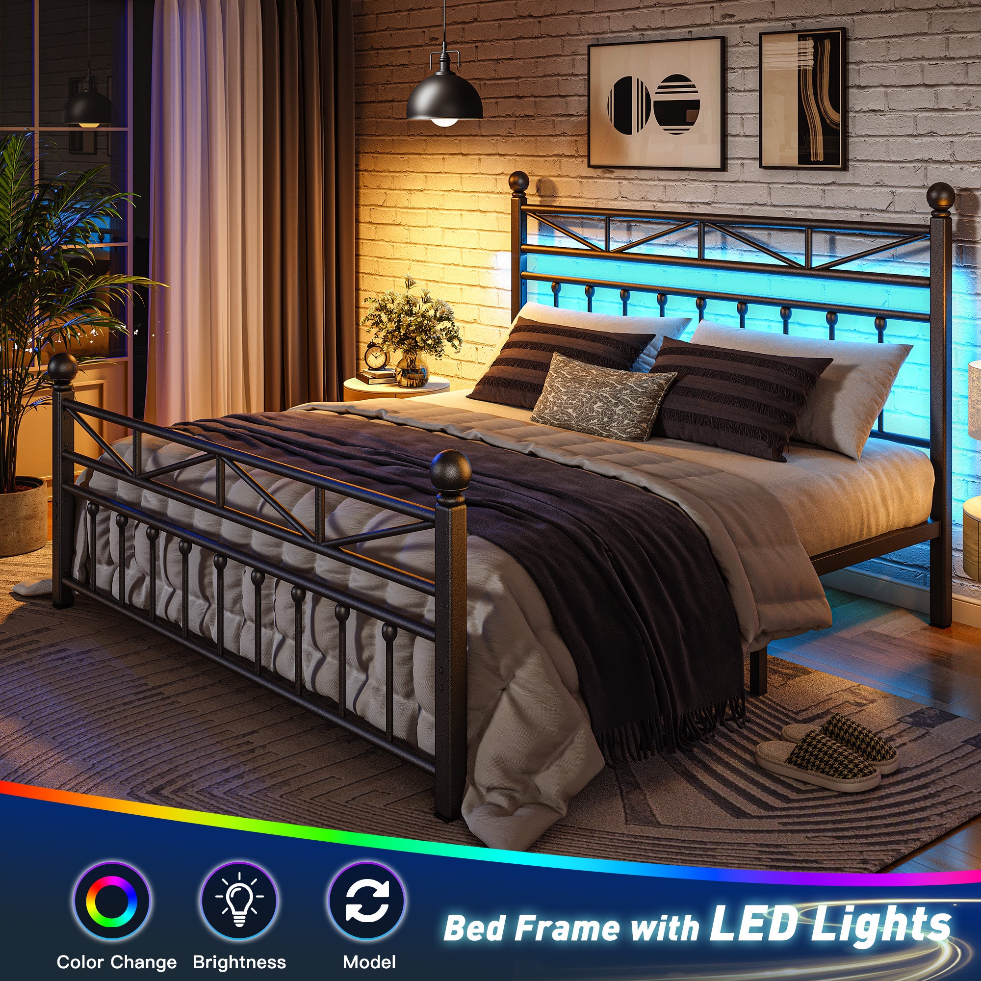 LED Metal Bed Frame with Tall Headboard & Footboard, Vintage Industrial Bed, Under Bed Storage & No Box Spring Needed, Noise-Free Design for Modern & Farmhouse Bedrooms