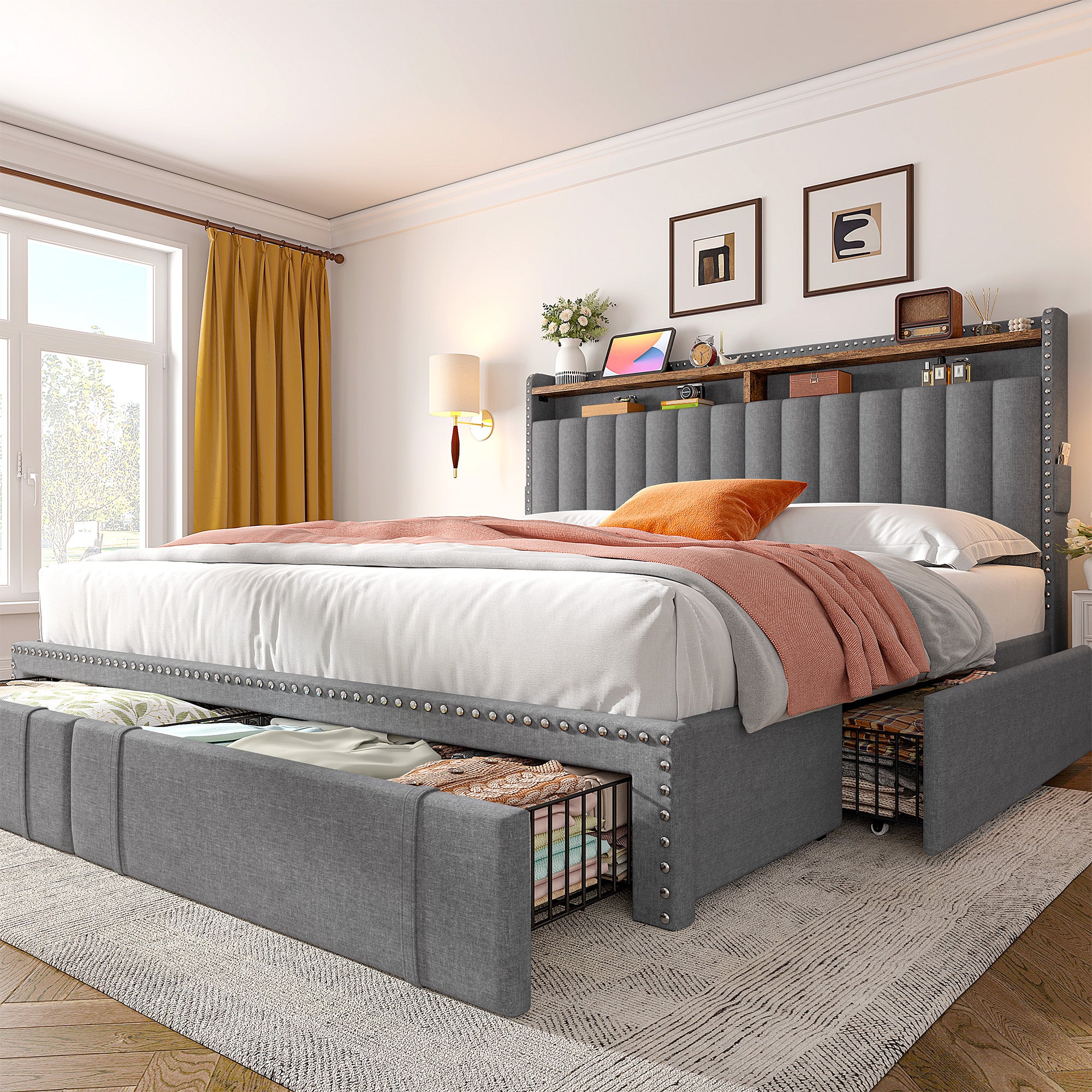 Snhomee Heavy Duty Platform Bed Frame with Storage Drawers - Silent 1200LB Capacity, No Box Spring Needed, Upholstered Headboard
