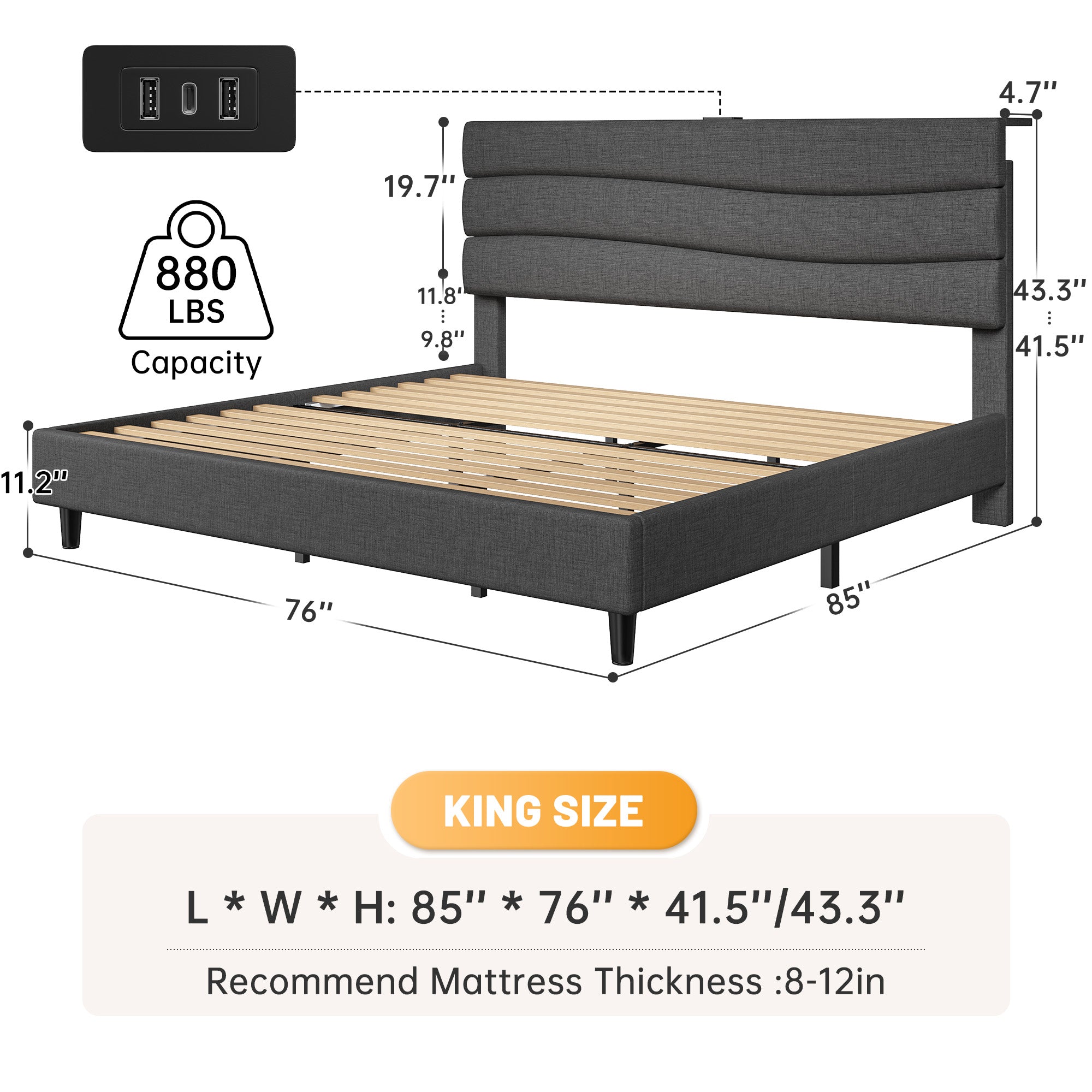 SnHomee Upholstered Bed Frame with Storage Headboard & Charging Station - USB Ports, Adjustable Fabric Headboard, Noise-Free Design, No Box Spring Needed, Back to School Beds On Sale