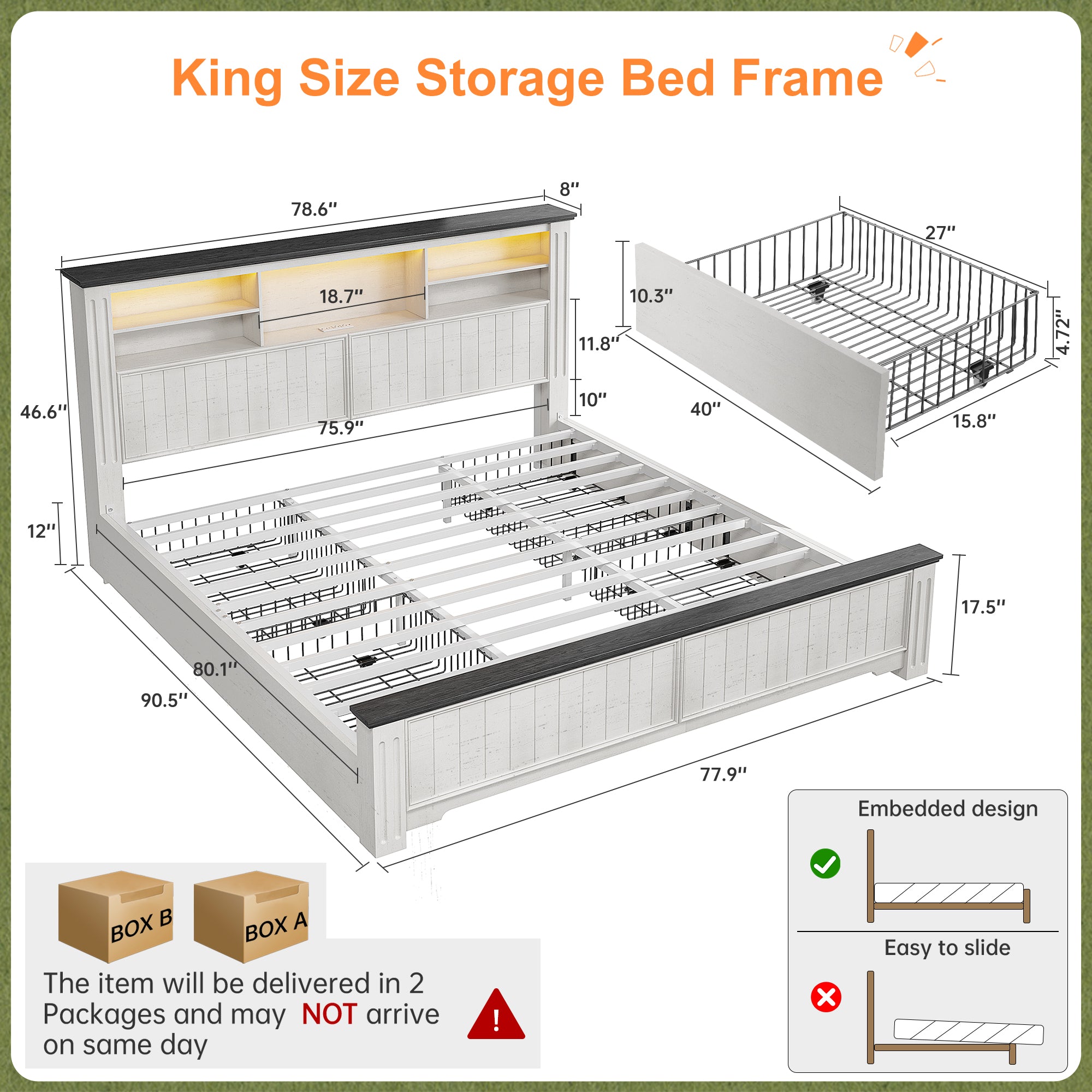 Snhomee Storage Bed Frame with4 Underbed Drawers，Platform Bed with Charging Station &  LED Headboard, No Box Spring Needed For Bedroom