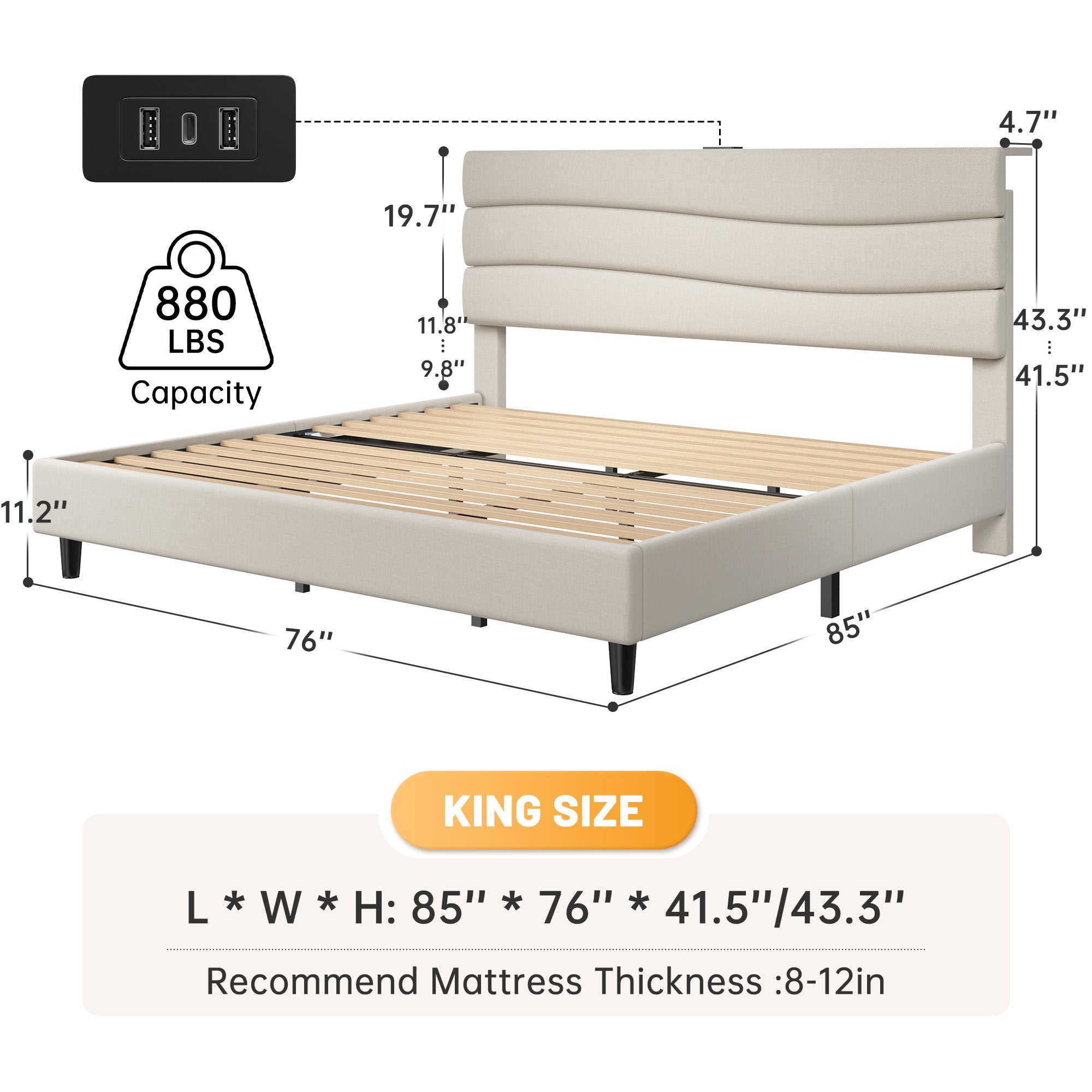 SnHomee Upholstered Bed Frame with Storage Headboard & Charging Station - USB Ports, Adjustable Fabric Headboard, Noise-Free Design, No Box Spring Needed, Back to School Beds On Sale