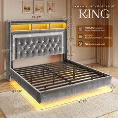 Snhomee Bed Frame Floating With Led Lights & Charging Station, Upholstered Platform Bed With Velvet Storage Headboard, Heavy Duty Metal Slats/No Box Spring Needed/Easy Assembly/Noise Free