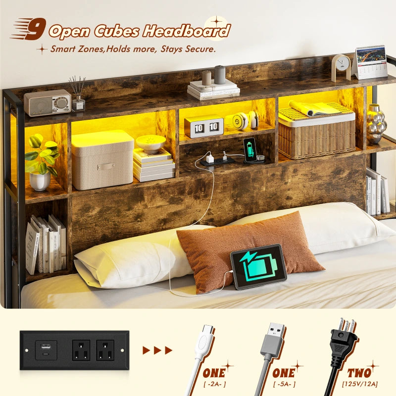 King-size multi-functional headboard with 9 open compartments, detailed display of multi-specification charging stations