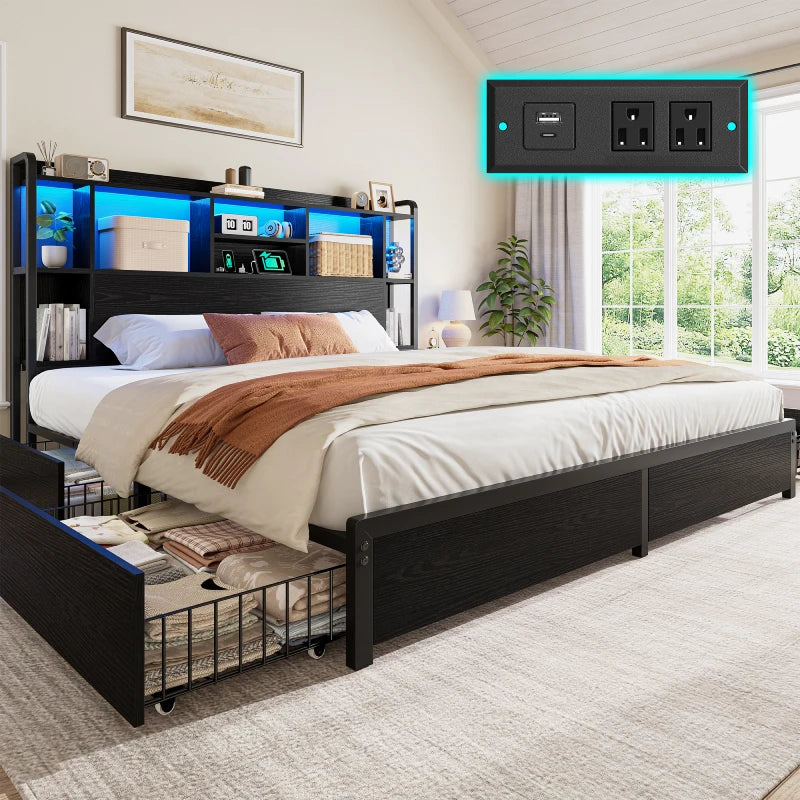 Black Wood Grain Bed Frame with charging station