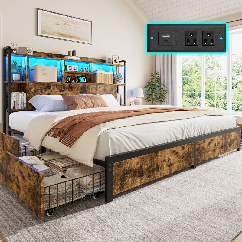 Brown Wood Grain Bed Frame with charging station