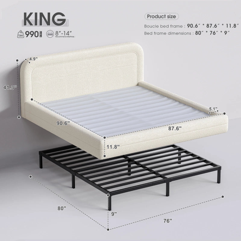 This King platform bed with headboard combines generous sleeping space with a soft cloud-inspired design.