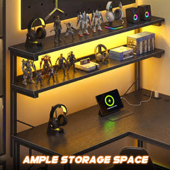 Snhomee L-Shaped Computer Desk with 2-Tier Storage Shelf, Built-in LED Lights & Power Outlets, Reversible Gaming Desk for Bedroom or Home Office, Easy Assembly