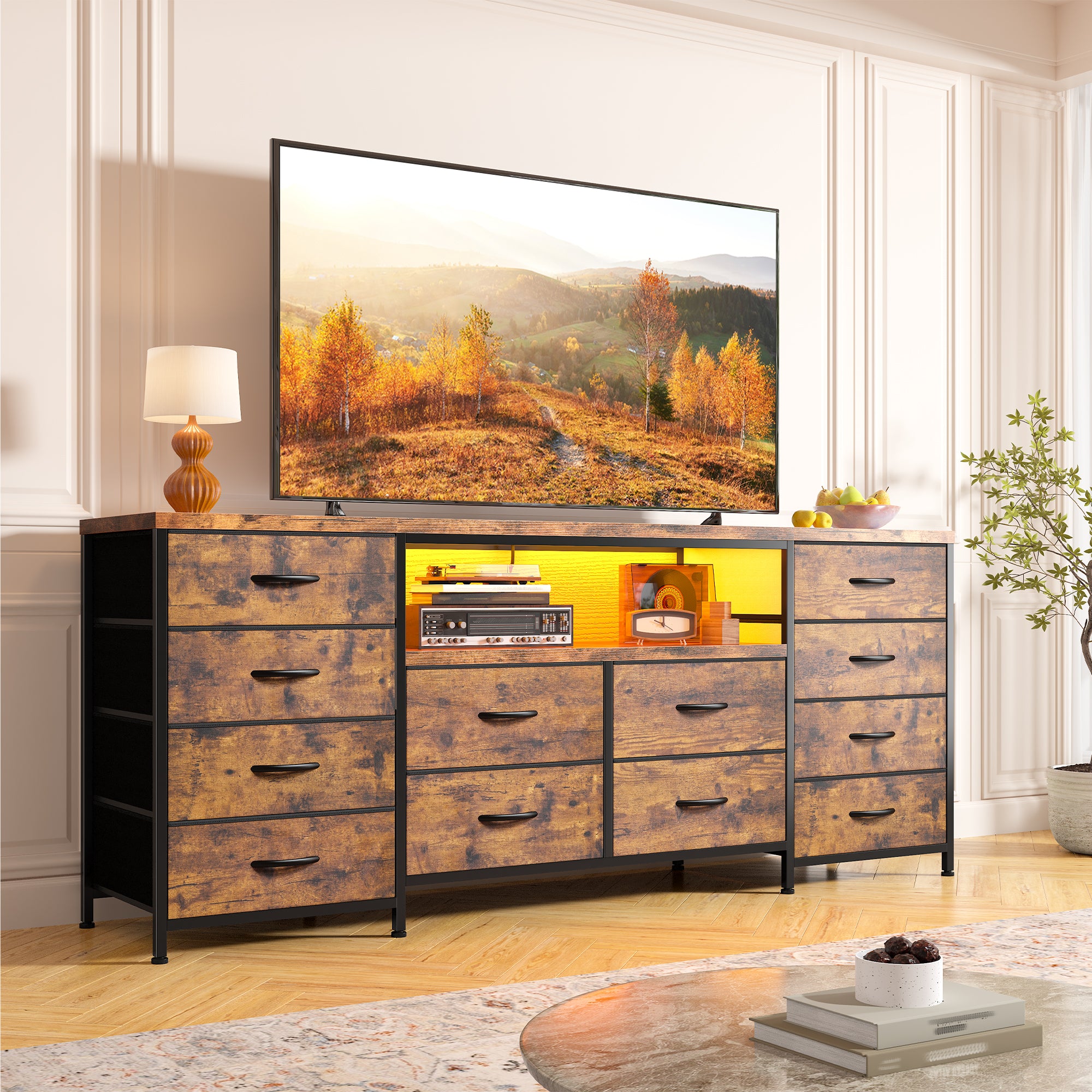 Snhomee TV Stand with 12 Drawers, LED Light Strip & Charging Station for 65–75" TVs – Tool-Free Assembly Media Console, Ideal for Living Room, Bedroom, Apartment, or Gaming Setup
