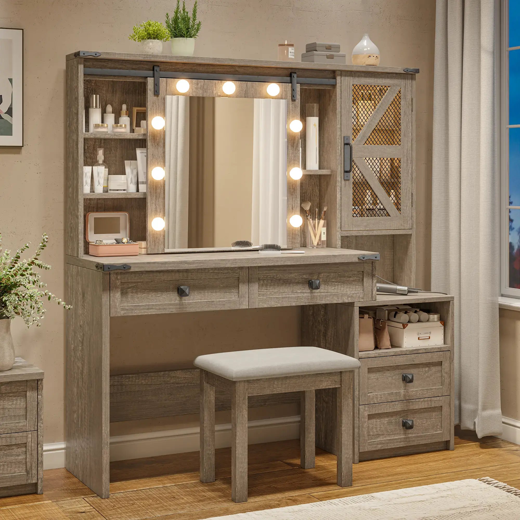 Snhomee 55.1” Farmhouse Vanity Desk with Sliding Mirror, LED Lights, 4 Drawers & RGB Cabinets for Bedroom, Dressing Room or Cloakroom