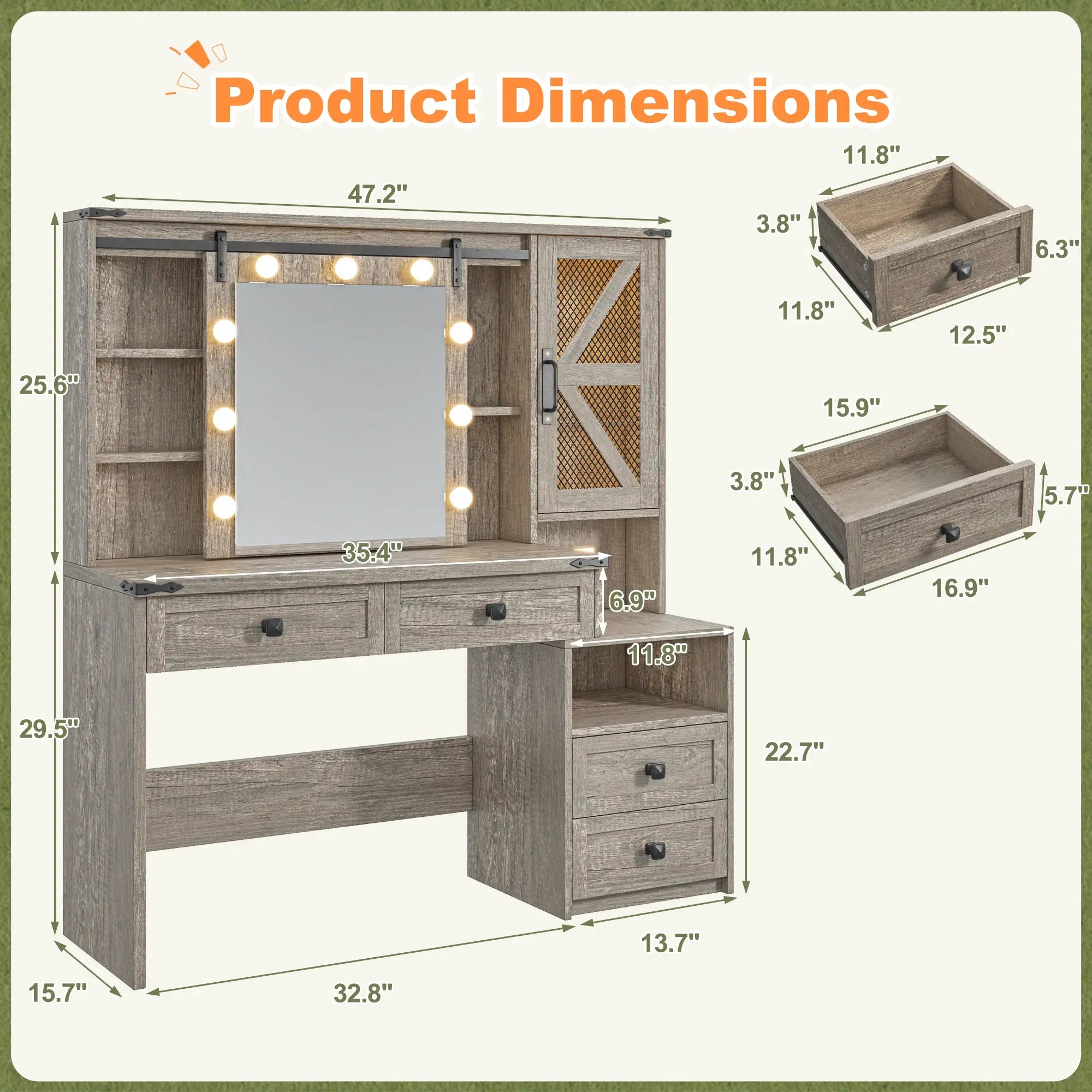 Snhomee 55.1” Farmhouse Vanity Desk with Sliding Mirror, LED Lights, 4 Drawers & RGB Cabinets for Bedroom, Dressing Room or Cloakroom