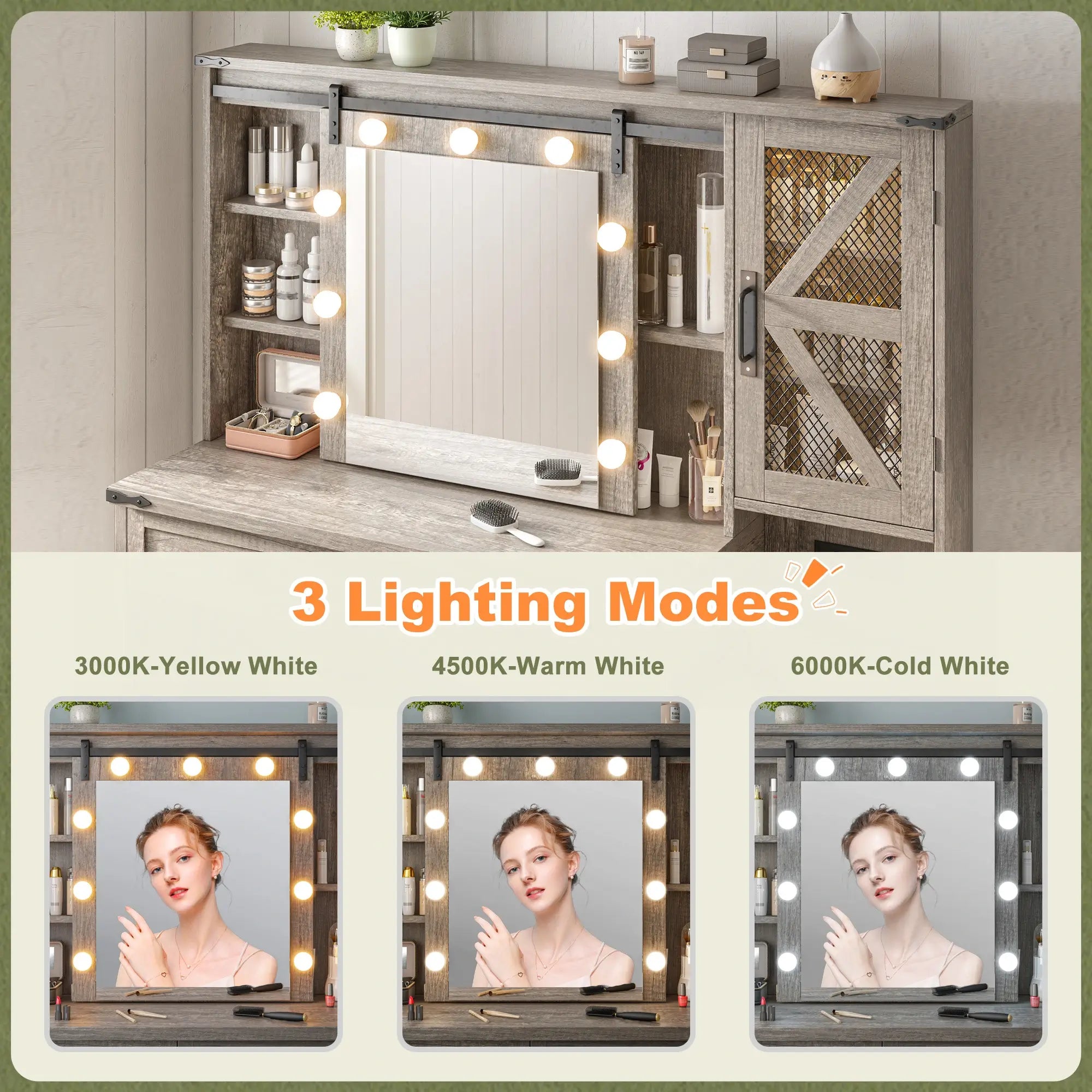 Snhomee 55.1” Farmhouse Vanity Desk with Sliding Mirror, LED Lights, 4 Drawers & RGB Cabinets for Bedroom, Dressing Room or Cloakroom