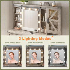 Snhomee 55.1”H Farmhouse Makeup Vanity Desk with Sliding Mirror, LED Lights, 4 Drawers for Bedroom
