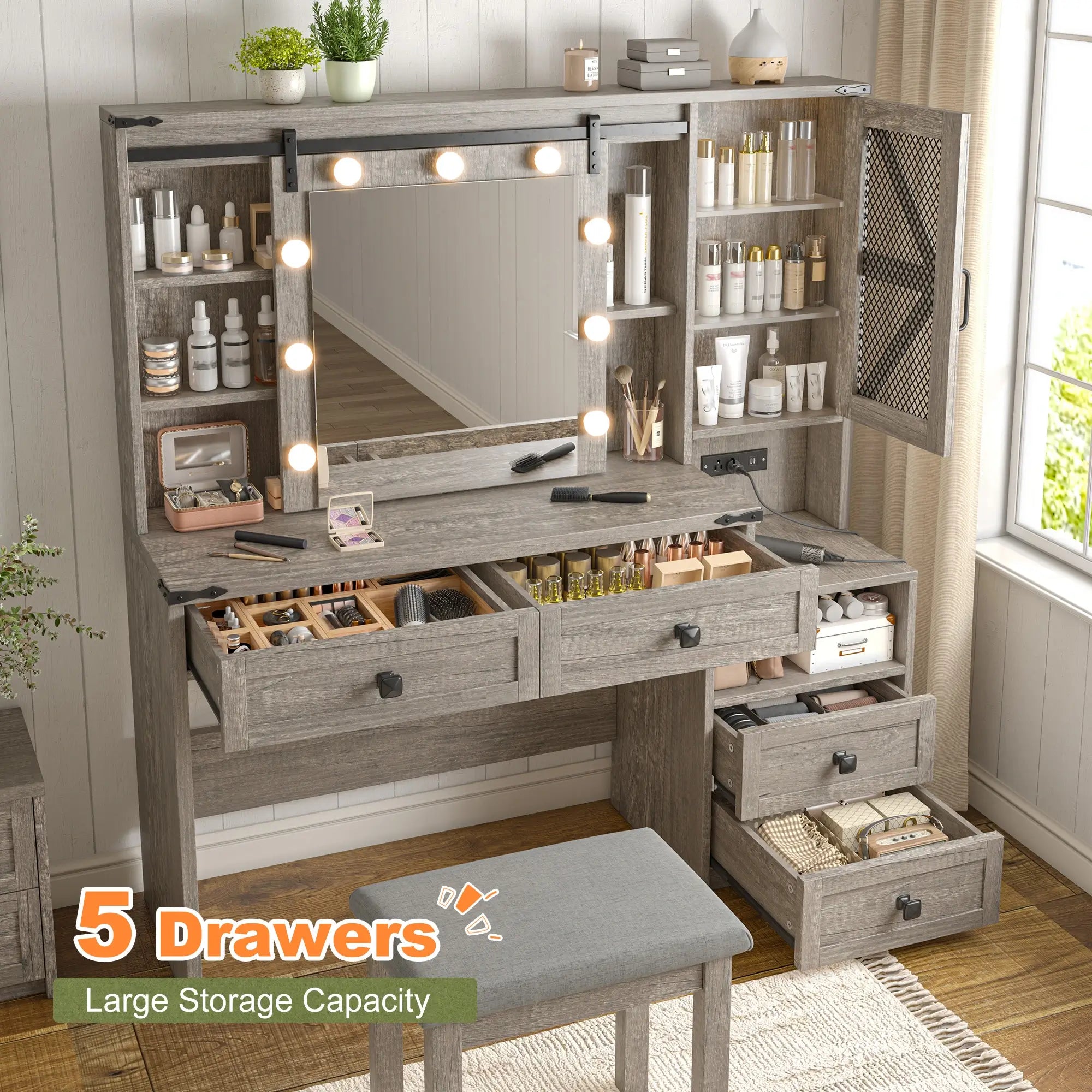 Snhomee 55.1” Farmhouse Vanity Desk with Sliding Mirror, LED Lights, 4 Drawers & RGB Cabinets for Bedroom, Dressing Room or Cloakroom