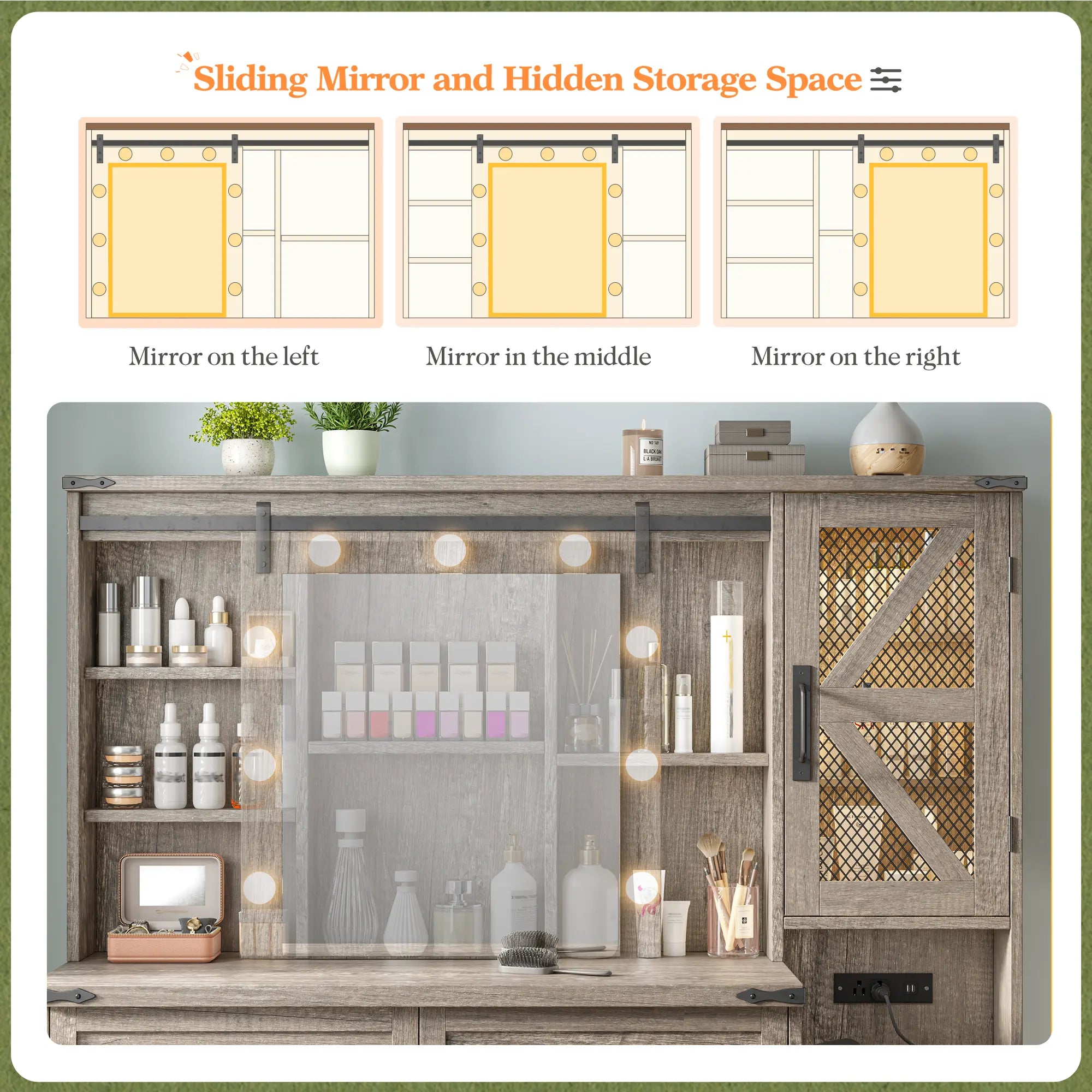 Snhomee 55.1” Farmhouse Vanity Desk with Sliding Mirror, LED Lights, 4 Drawers & RGB Cabinets for Bedroom, Dressing Room or Cloakroom
