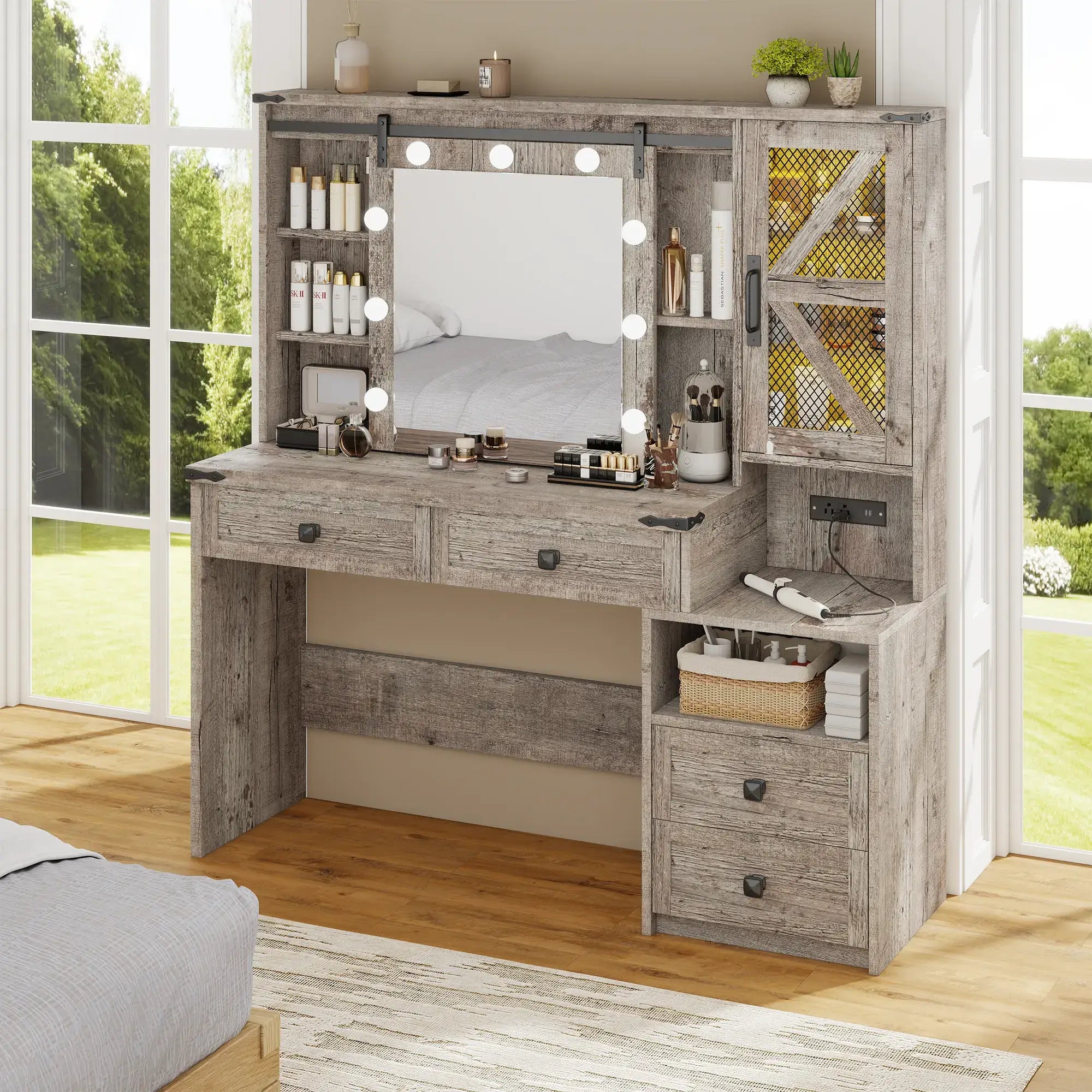 Snhomee 55.1” Farmhouse Vanity Desk with Sliding Mirror, LED Lights, 4 Drawers & RGB Cabinets for Bedroom, Dressing Room or Cloakroom