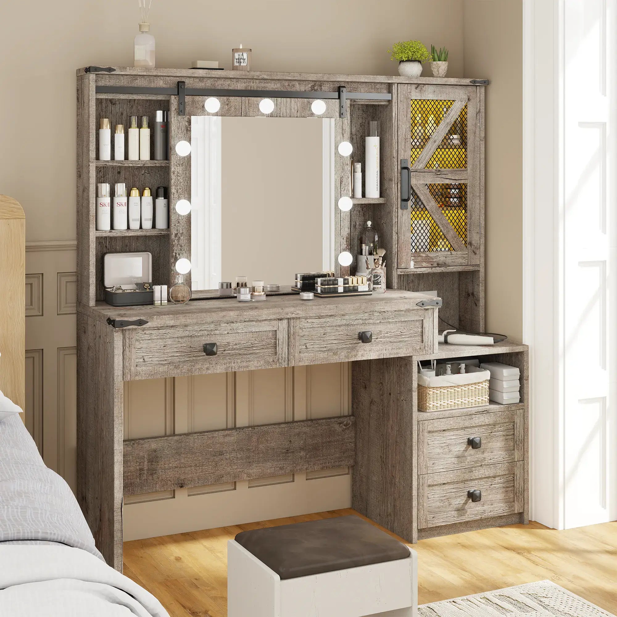 Snhomee 55.1” Farmhouse Vanity Desk with Sliding Mirror, LED Lights, 4 Drawers & RGB Cabinets for Bedroom, Dressing Room or Cloakroom