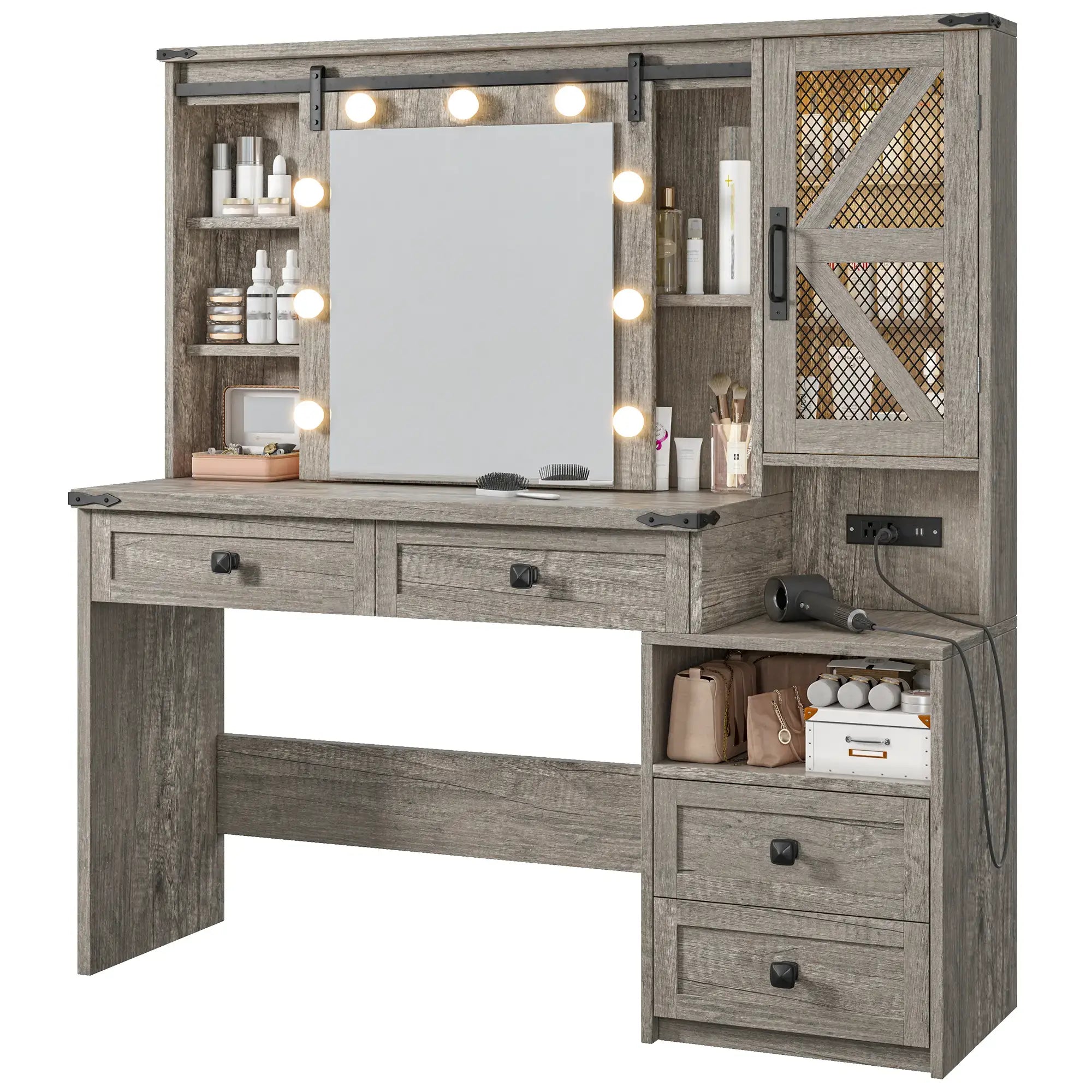 Snhomee 55.1” Farmhouse Vanity Desk with Sliding Mirror, LED Lights, 4 Drawers & RGB Cabinets for Bedroom, Dressing Room or Cloakroom