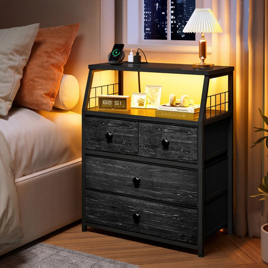 Snhomee LED Nightstand with Charging Station, 4 Fabric Drawers, USB Ports & Power Outlets for Bedroom, Living Room 800