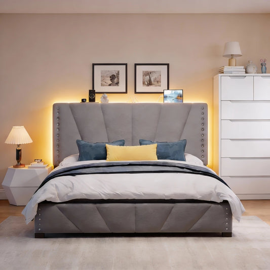 Snhomee Velvet Upholstered LED Platform Bed Frame with Charging Station & Adjustable Storage Headboard - 881LBS Heavy Duty, Noise-Free Platform Bed 1200