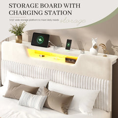 Snhomee LED Velvet Upholstered Bed Frame with Storage Headboard & USB Charging Station, Platform Bed, Noise-Free, No Box Spring Needed