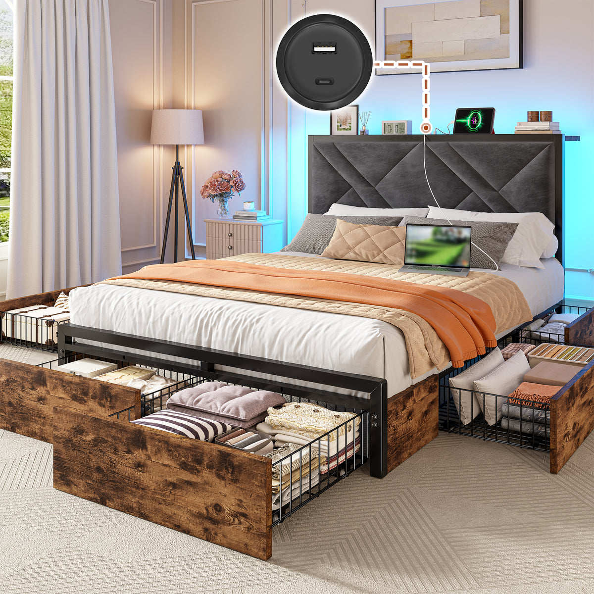 Bed Frame with Bed Frame with  and 6 Storage Drawers, Bed Frame with Upholstered Headboard Built in Charging Station,Noise-Free,Easy Assembly