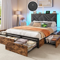 Bed Frame with Bed Frame with  and 6 Storage Drawers, Bed Frame with Upholstered Headboard Built in Charging Station,Noise-Free,Easy Assembly