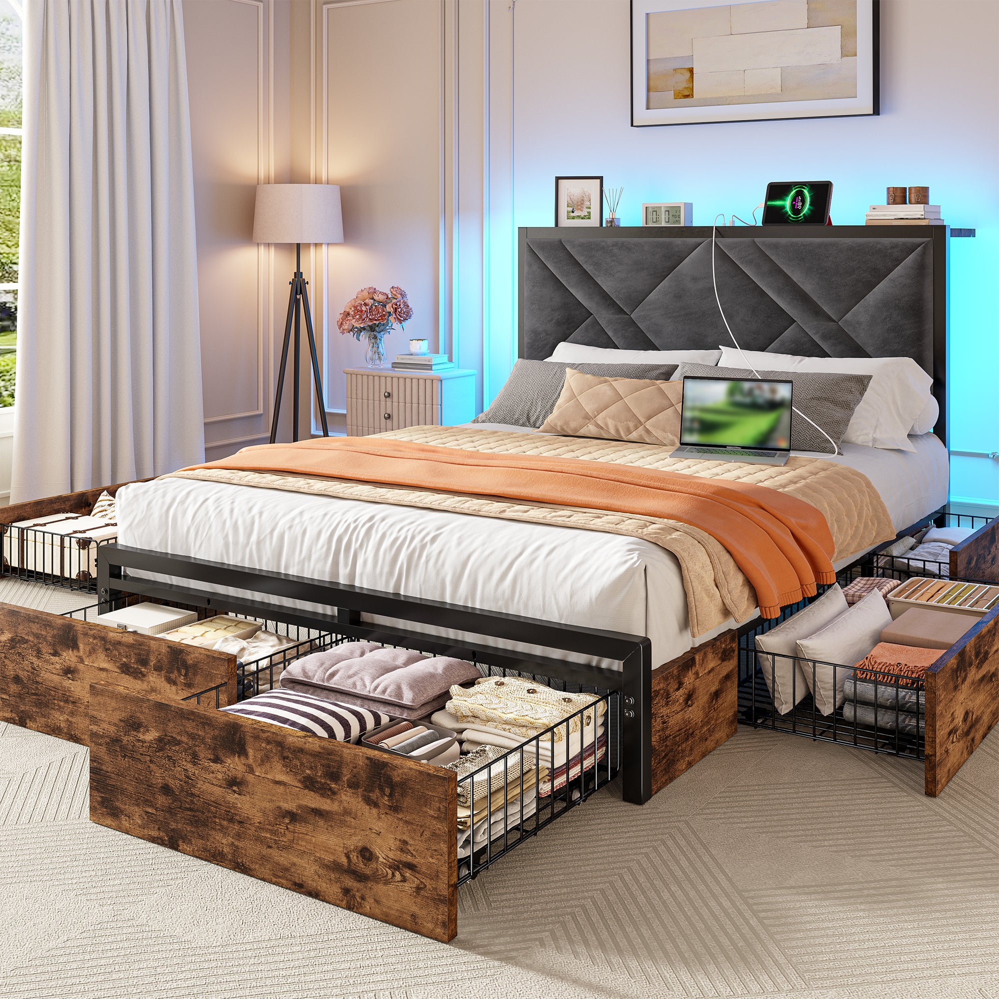 Bed Frame with Bed Frame with  and 6 Storage Drawers, Bed Frame with Upholstered Headboard Built in Charging Station,Noise-Free,Easy Assembly