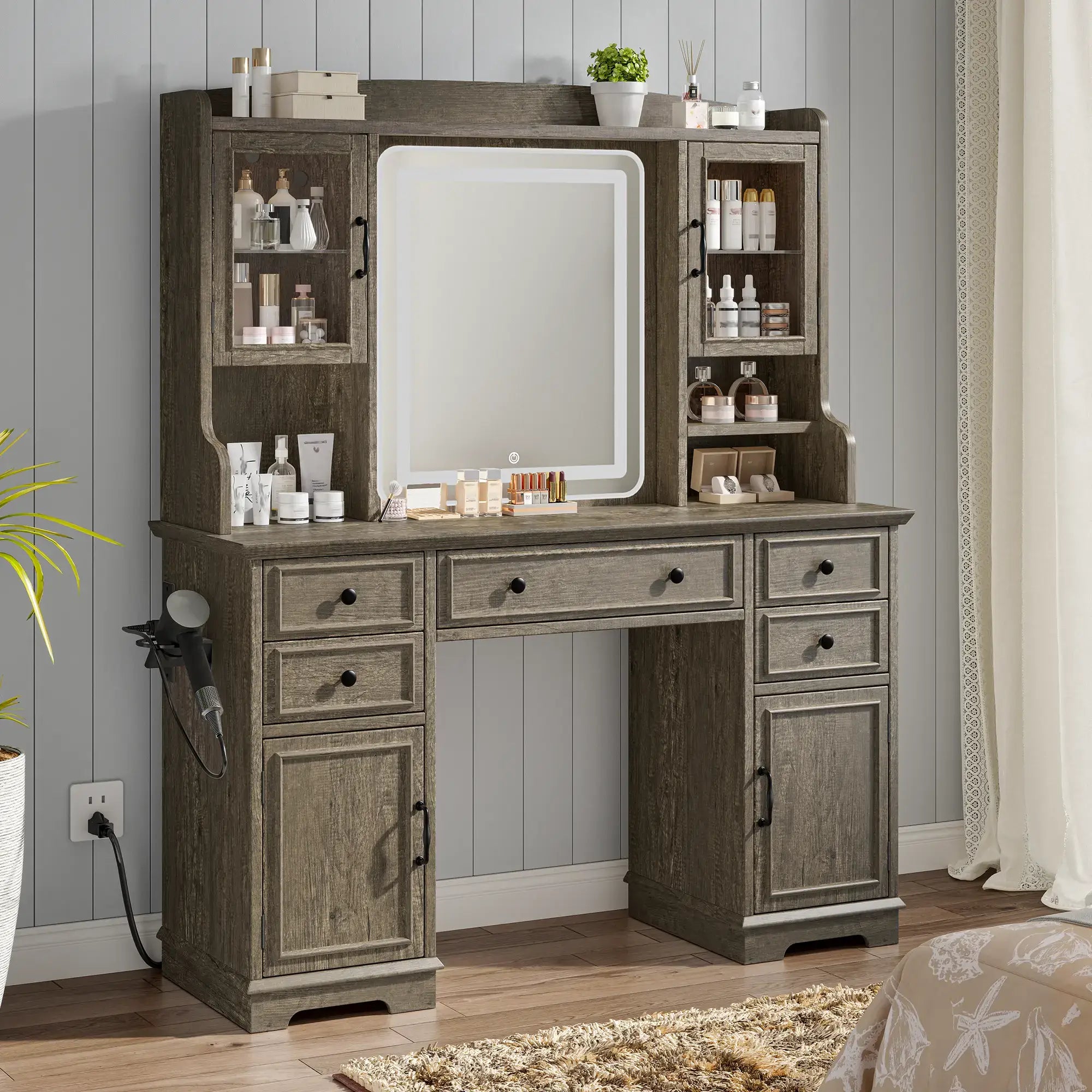 Snhomee Farmhouse Makeup Vanity Desk with LED Mirror & RGB Cabinets – Storaging with Drawers & Shelves, Ideal for Organizing Seasonal Skincare in Bedroom or Dressing Room