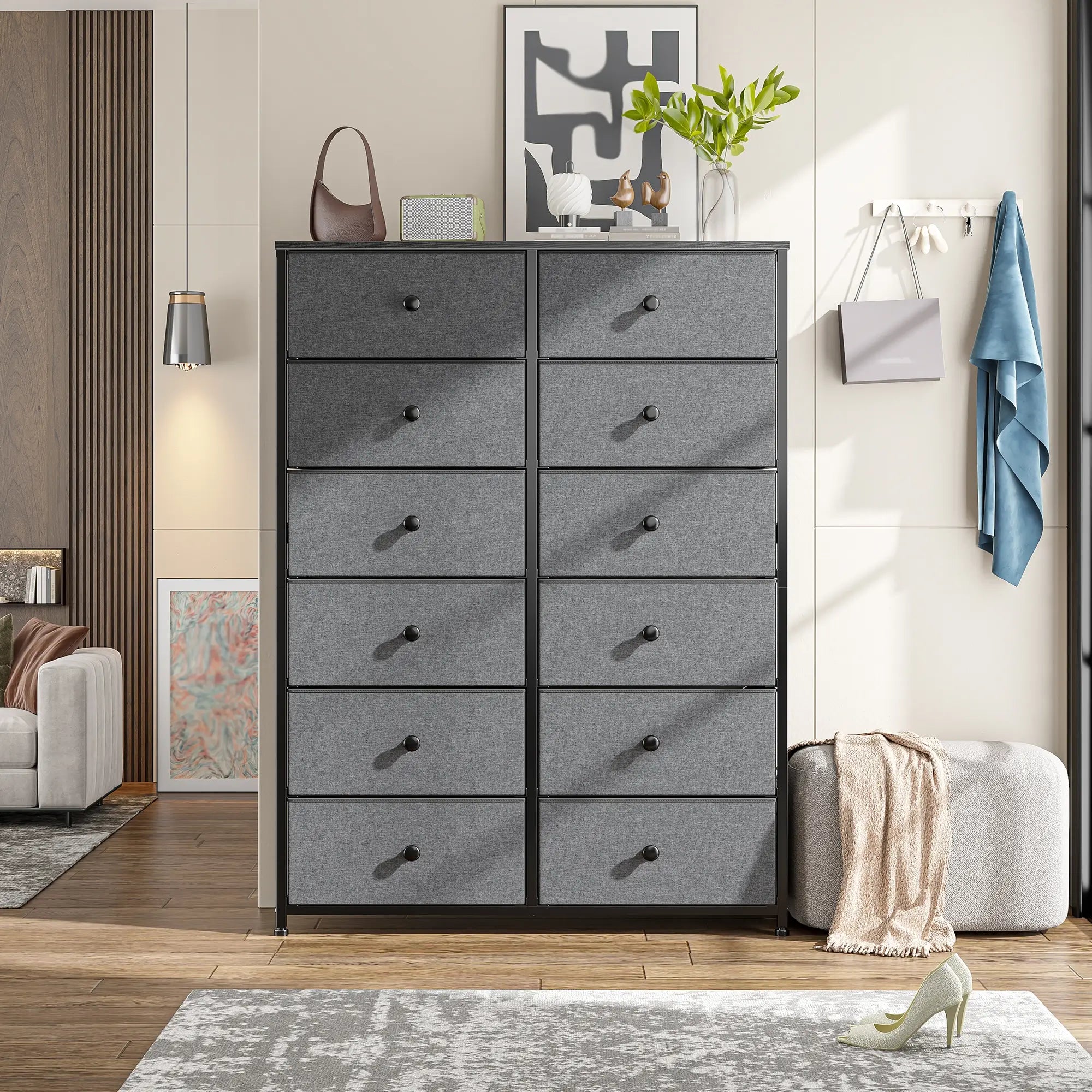 Snhomee Dresser for Bedroom with 12 Drawers, Large Storage Organizer Chest, Large Fabric Dressers & Chest of Drawers with Sturdy Metal Frame, Wood Top, Closet, Entryway, Hallway