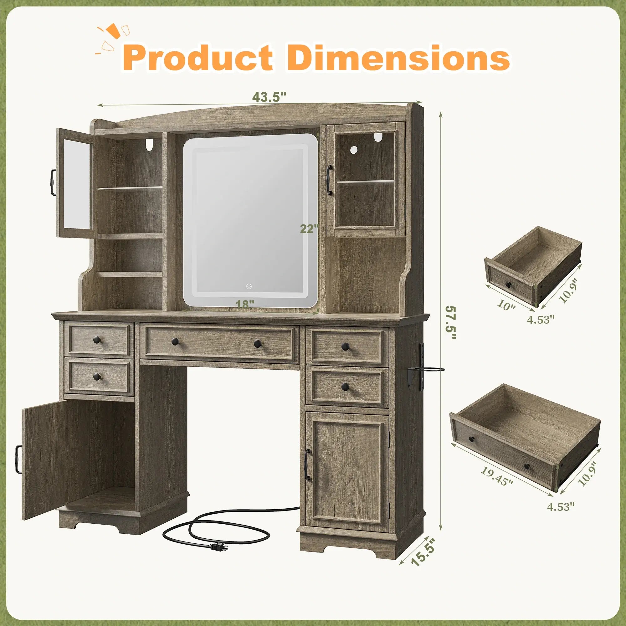 Snhomee Farmhouse Makeup Vanity Desk with LED Mirror & RGB Cabinets – Storaging with Drawers & Shelves, Ideal for Organizing Seasonal Skincare in Bedroom or Dressing Room