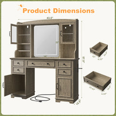 Snhomee Farmhouse Makeup Vanity Desk with LED Mirror & RGB Cabinets – Storaging with Drawers & Shelves, Ideal for Organizing Seasonal Skincare in Bedroom or Dressing Room