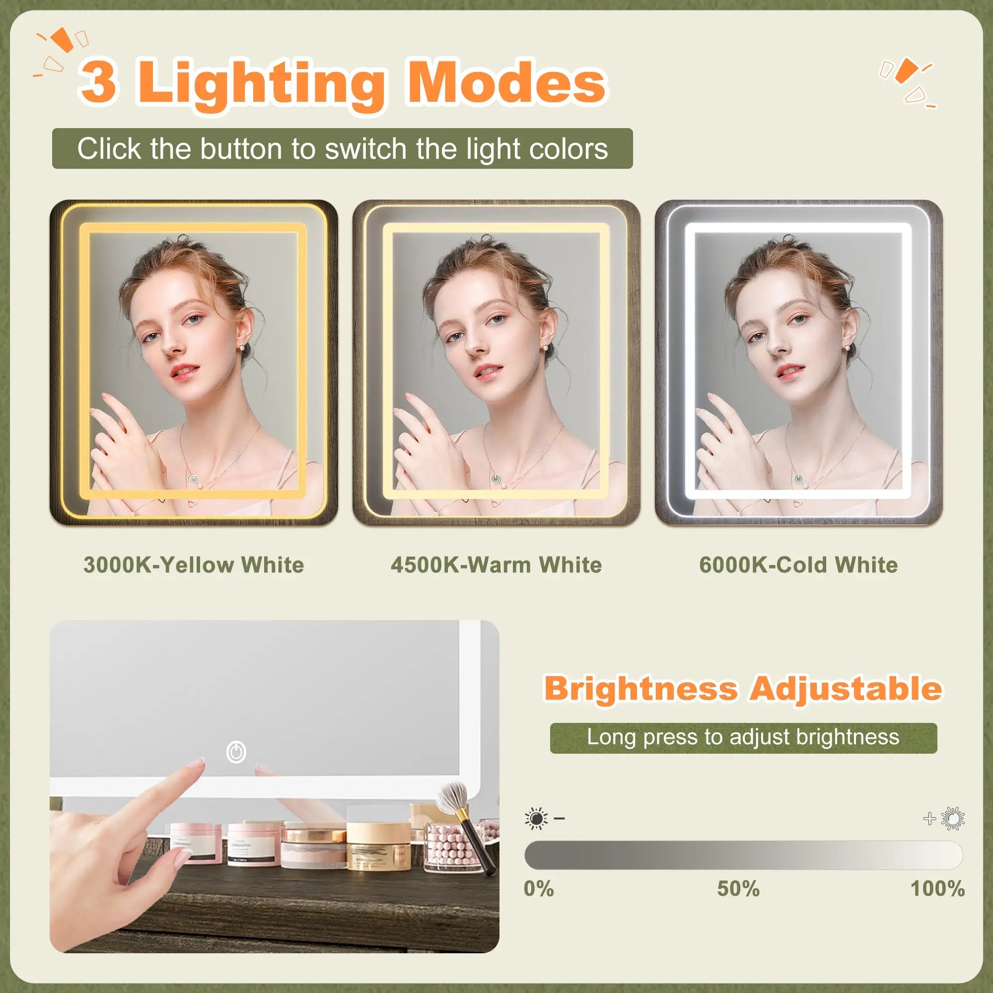 Snhomee Farmhouse Makeup Vanity Desk with LED Mirror & RGB Cabinets – Storaging with Drawers & Shelves, Ideal for Organizing Seasonal Skincare in Bedroom or Dressing Room