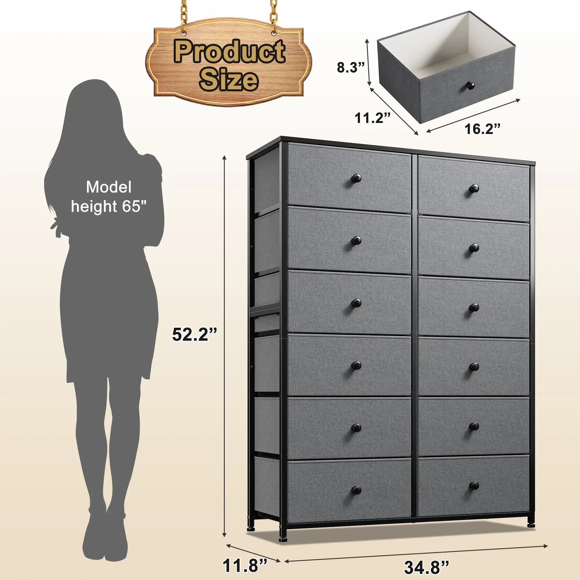Snhomee Dresser for Bedroom with 12 Drawers, Large Storage Organizer Chest, Large Fabric Dressers & Chest of Drawers with Sturdy Metal Frame, Wood Top, Closet, Entryway, Hallway