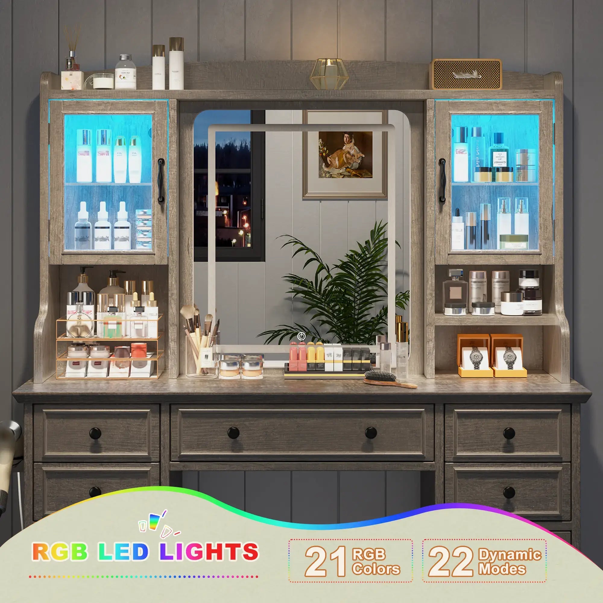 Snhomee Farmhouse Makeup Vanity Desk with LED Mirror & RGB Cabinets – Storaging with Drawers & Shelves, Ideal for Organizing Seasonal Skincare in Bedroom or Dressing Room
