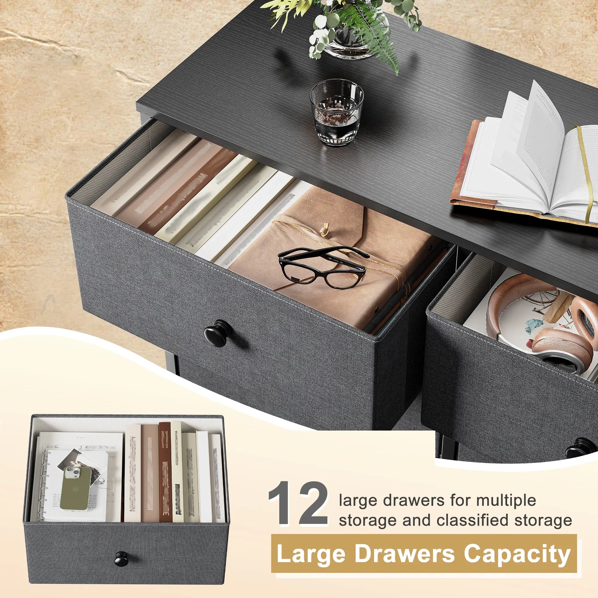 Fabric Dresser with Storage Organizer Chest , Large Fabric Dressers & Chest of Drawers with Sturdy Metal Frame, Wood Top, Dresser Drawer for Closet