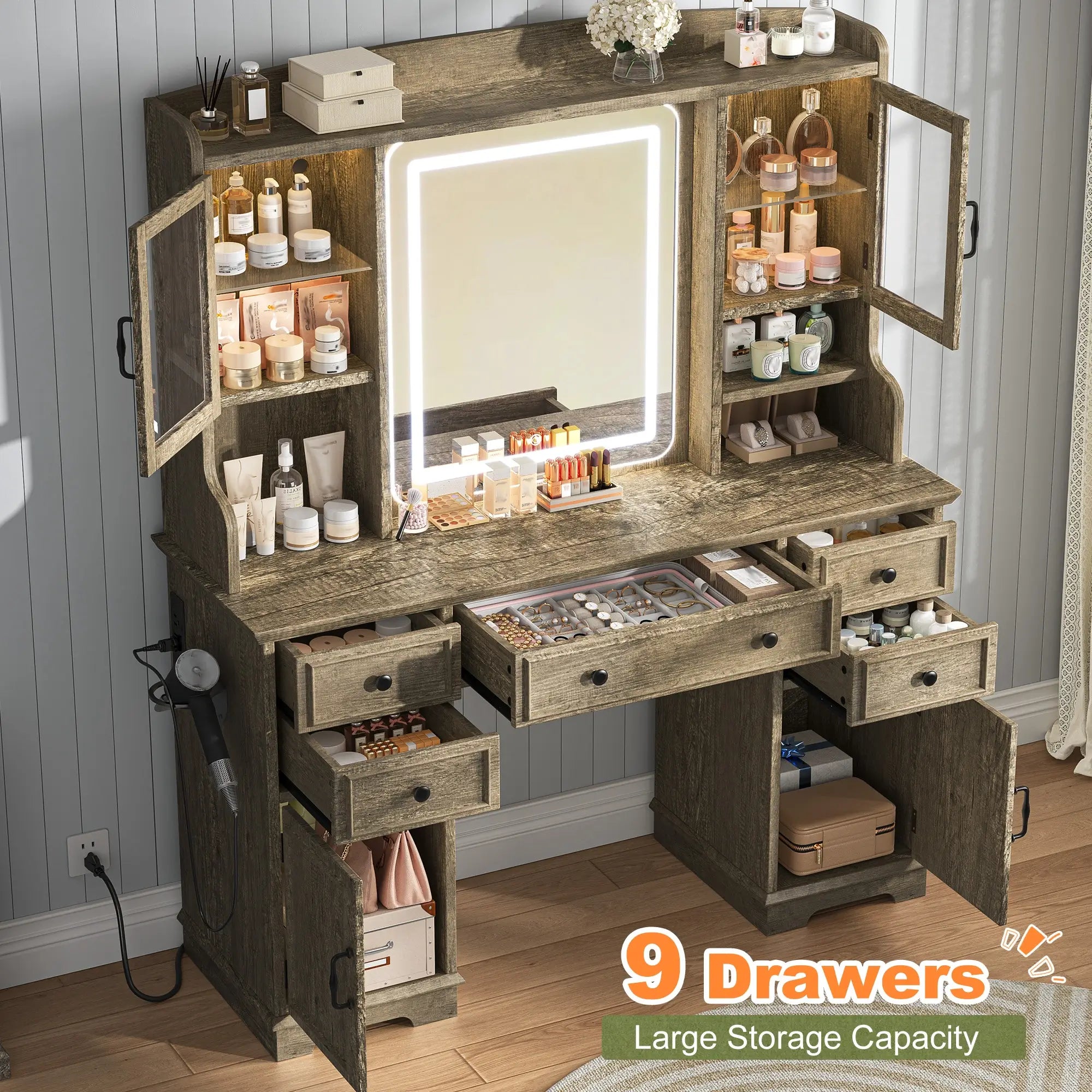 Snhomee Farmhouse Makeup Vanity Desk with LED Mirror & RGB Cabinets – Storaging with Drawers & Shelves, Ideal for Organizing Seasonal Skincare in Bedroom or Dressing Room