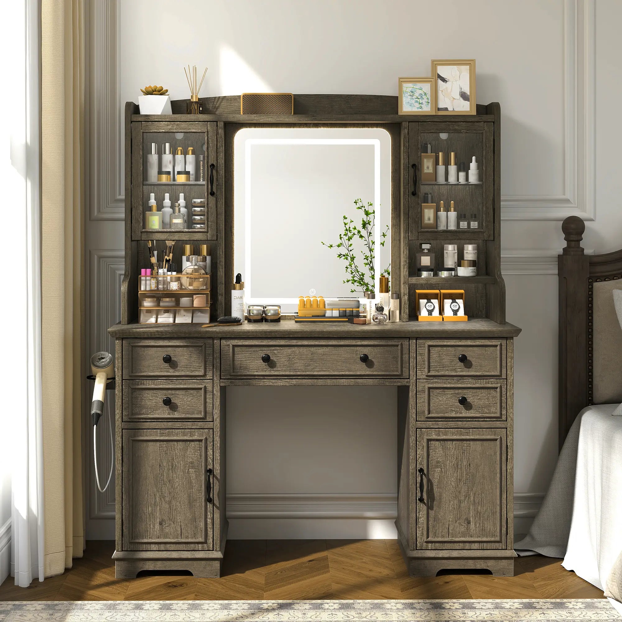 Snhomee Farmhouse Makeup Vanity Desk with LED Mirror & RGB Cabinets – Storaging with Drawers & Shelves, Ideal for Organizing Seasonal Skincare in Bedroom or Dressing Room