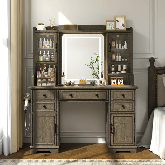 Snhomee Vanity Desk with LED Mirror,with 5 Drawers & 2 RGB Glass Cabinets, Power Outlet & Adjustable Shelves,Ideal for Bedroom or Dressing Room 2000