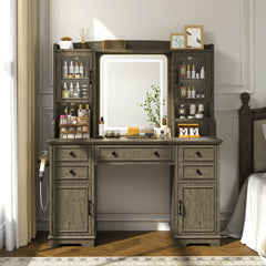 Snhomee Farmhouse Makeup Vanity Desk with LED Mirror & RGB Cabinets – Storaging with Drawers & Shelves, Ideal for Organizing Seasonal Skincare in Bedroom or Dressing Room