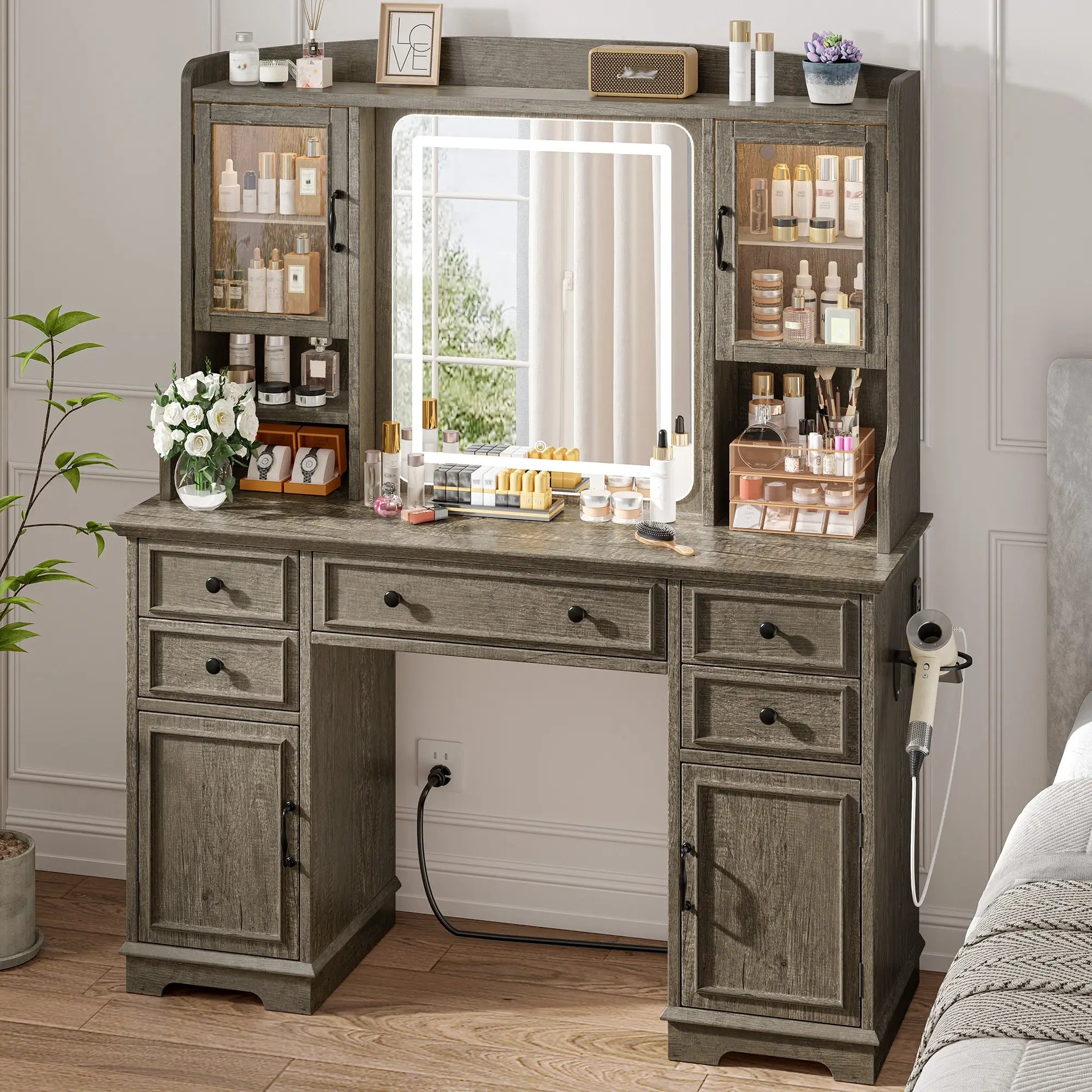 Snhomee Farmhouse Makeup Vanity Desk with LED Mirror & RGB Cabinets – Storaging with Drawers & Shelves, Ideal for Organizing Seasonal Skincare in Bedroom or Dressing Room